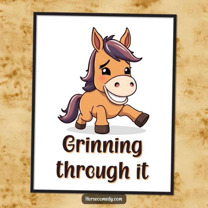 Funny horse poster, character stumbling but recovering with a wide, goofy grin, creating a humorous and inspiring wall decor piece.