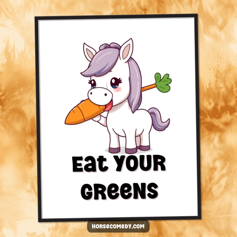 Funny horse character delightedly munching on a giant, colorful carrot, presented as fun wall art on a poster.