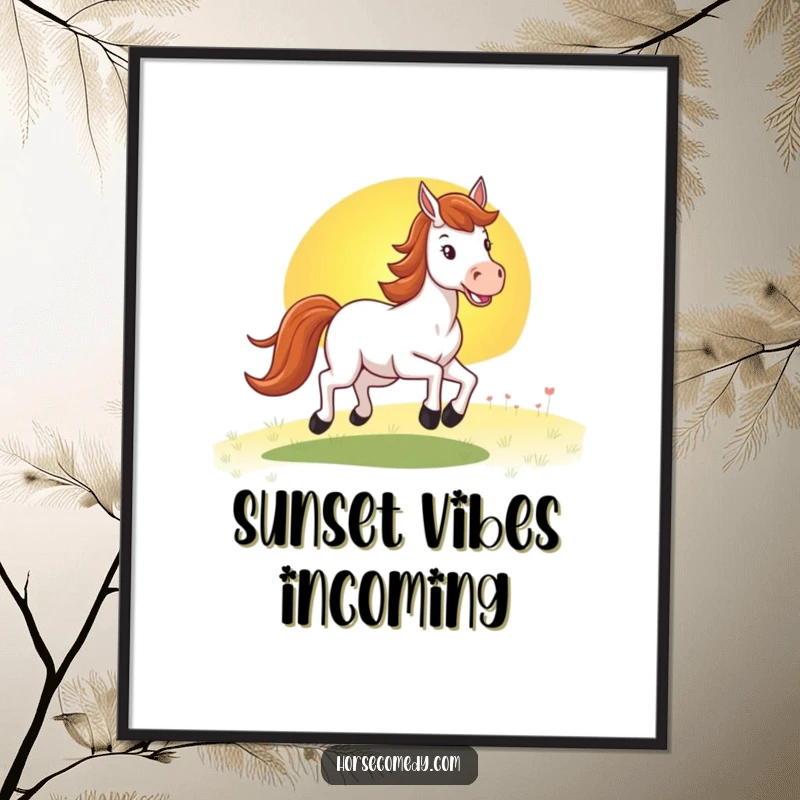 Funny horse poster depicting a happy horse in mid-gallop towards a majestic, colorful sunset, creating a sense of freedom and beauty.