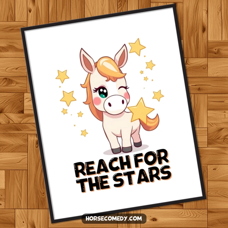 Funny horse poster featuring a mischievous horse character winking while juggling oversized, bright stars, a celestial juggling act.