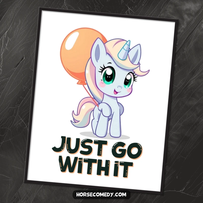 Funny pony poster showing a pony with wide, curious eyes, balancing a large, colorful balloon.