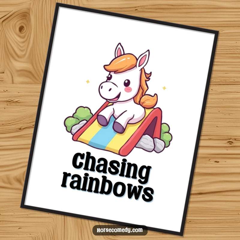 Funny Poster: A happy horse slides down a rainbow, mid-shout, bringing vibrant energy to the art.