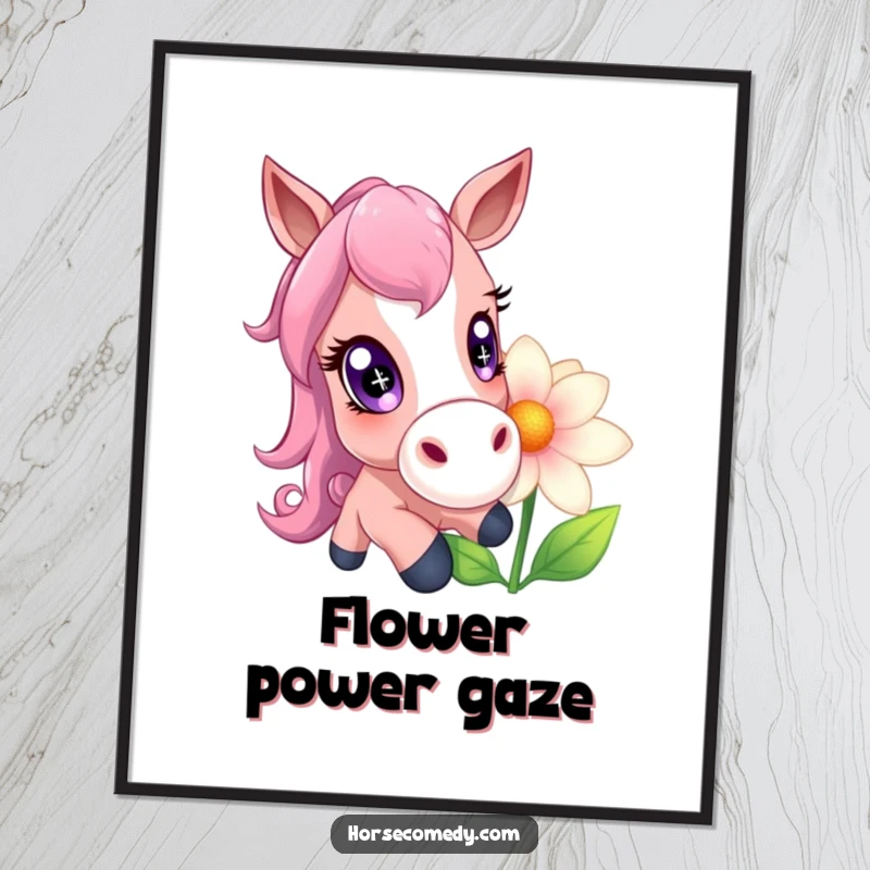 Funny horse with huge, sparkling eyes gently nudging a giant flower, a whimsical and humorous art print.