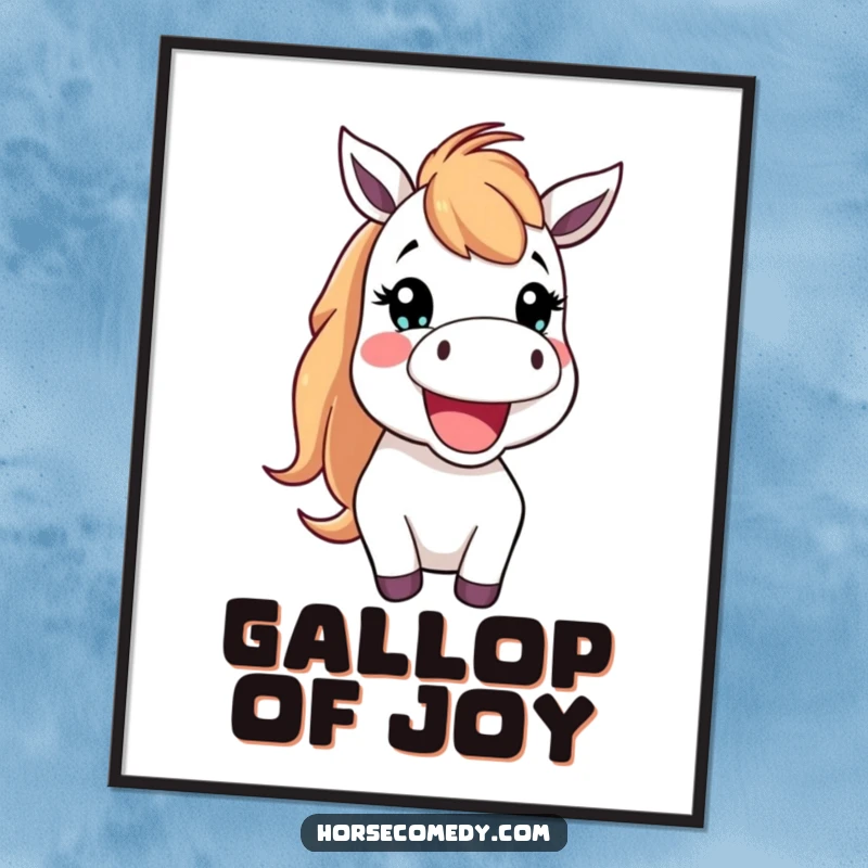 Funny Poster showcasing a happy horse creature with its mouth open in a cheerful neigh, adding playful equine art.