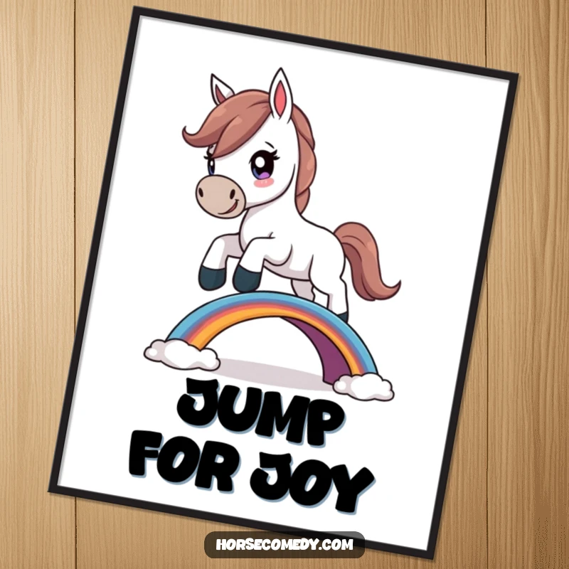 Funny Horse Poster showcasing a determined horse character mid-jump over a small, colorful rainbow bridge.