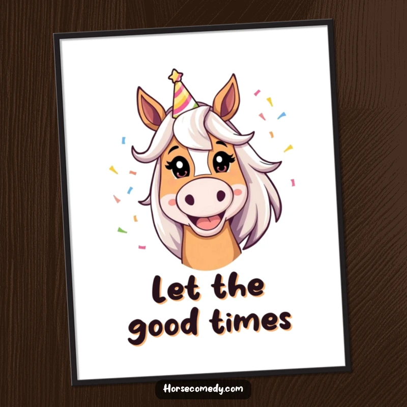 Funny Horse Poster: A horse with a silly grin, wearing a party hat with confetti, adding festive humor to walls.