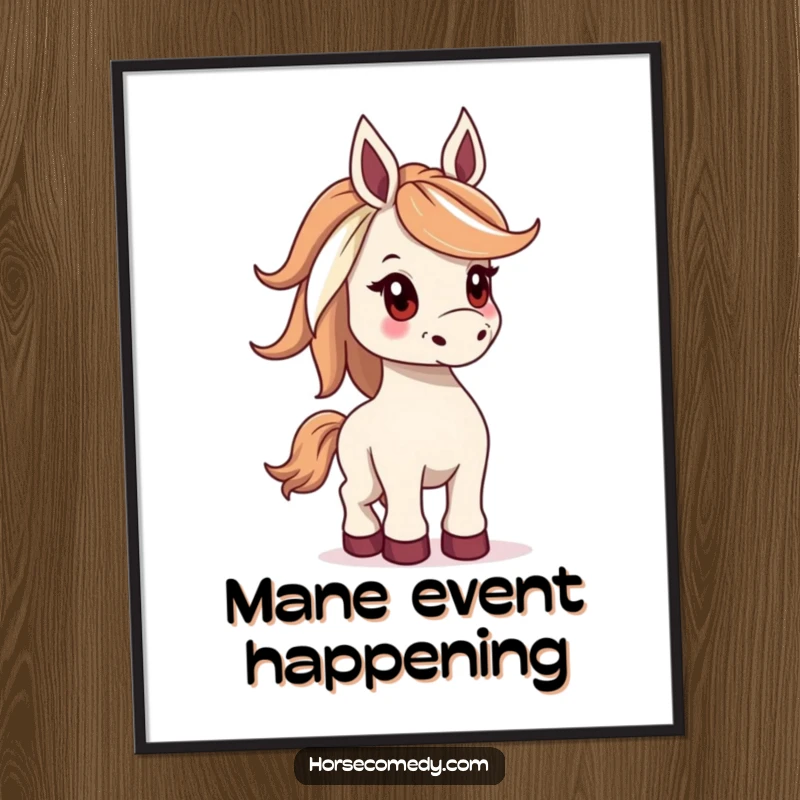 Funny poster art of a horse with an impressively wide mane, playfully bucking, creating a dynamic and humorous visual.