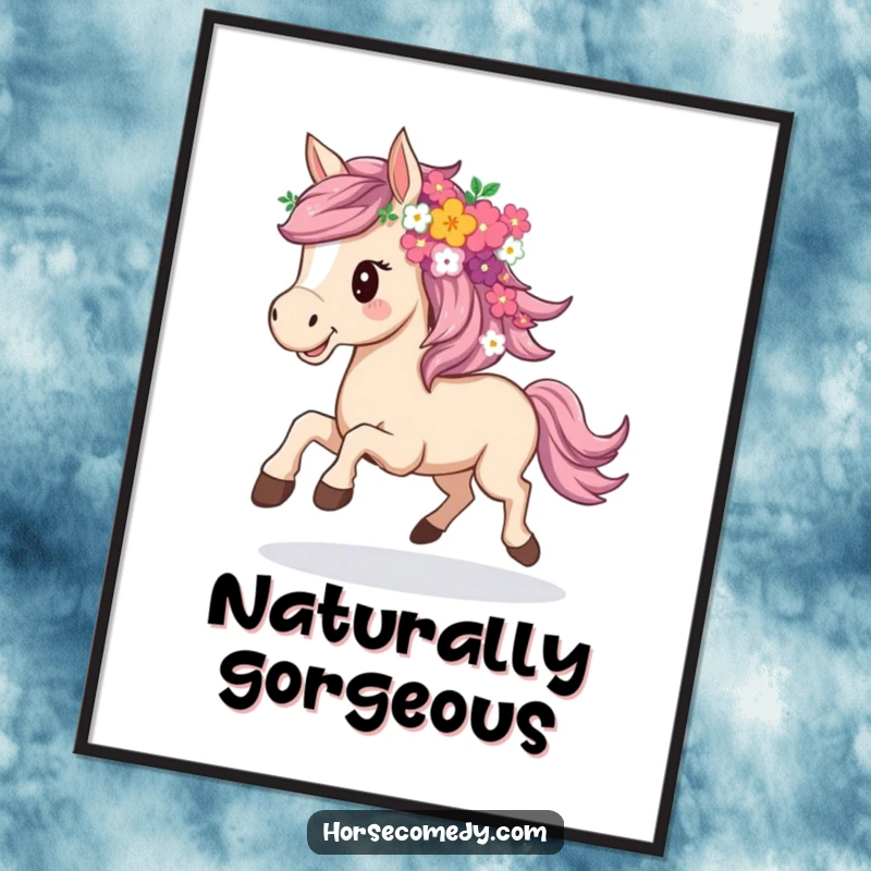 Funny poster art of a horse joyfully galloping, its mane beautifully composed of numerous colorful flowers.