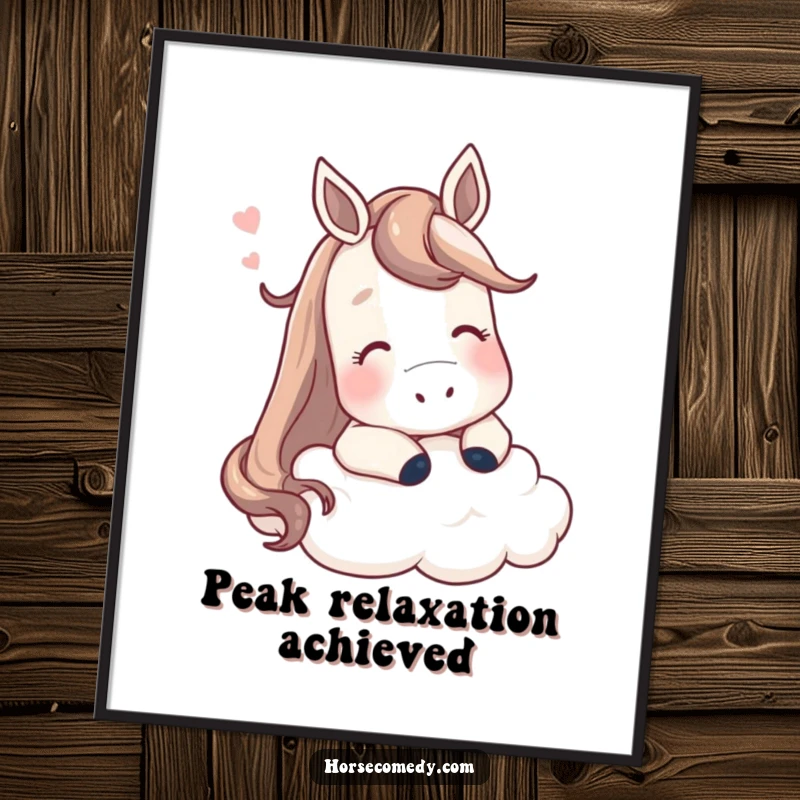 Funny horse poster, a contented horse resting its head on a fluffy cloud, serene and humorous wall art.
