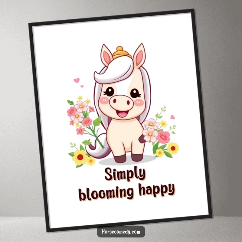 Funny poster print of a horse with a wide smile, a ludicrous hat, and a bunch of flowers, for wall decoration.