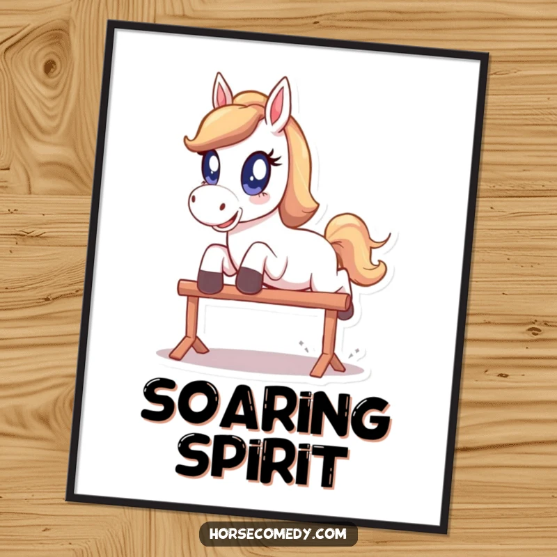 Funny Poster: A horse with huge, sparkling eyes is depicted in a dynamic, playful leap over a hurdle.