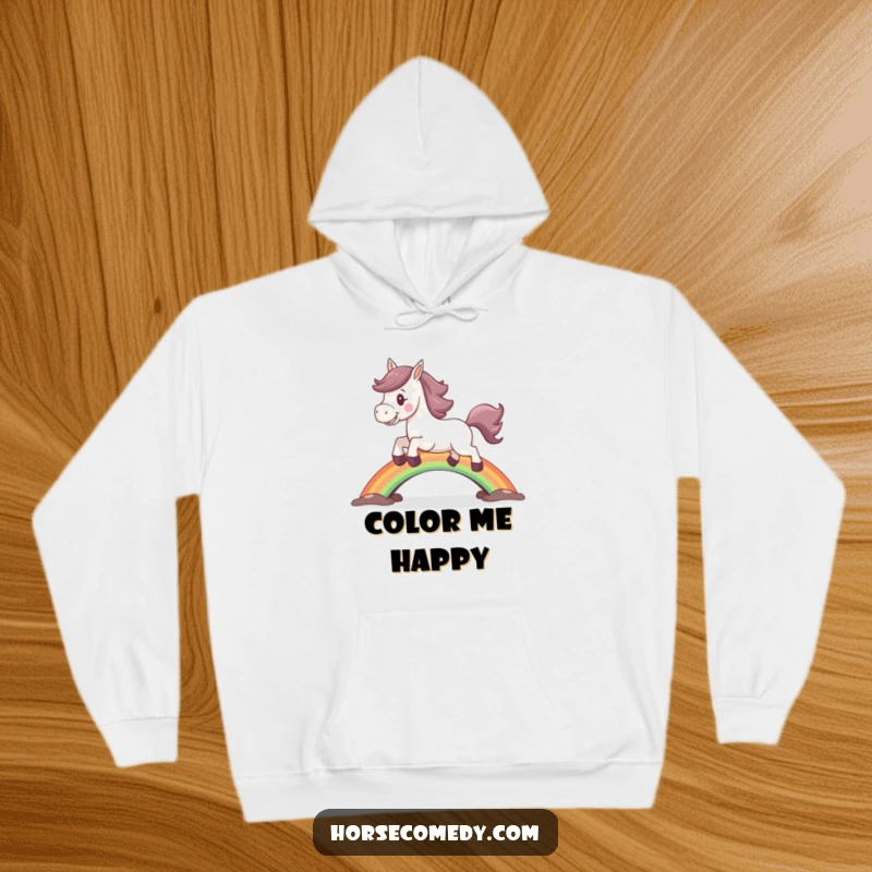 Funny horse hoodie showing a joyful horse leaping over a vibrant rainbow bridge with flair.