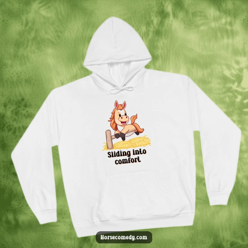 Funny horse hoodie showing a horse with a playful grin, sliding down a banister made of hay.