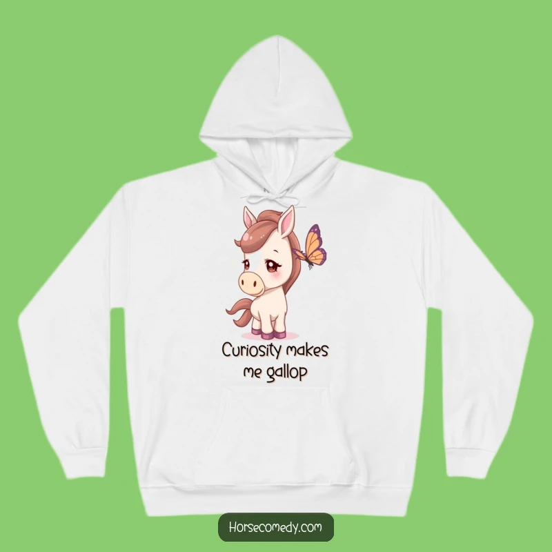 Funny Horse Hoodie: Cozy comfort with a curious horse watching a butterfly, a hilariously warm gift for equestrians.