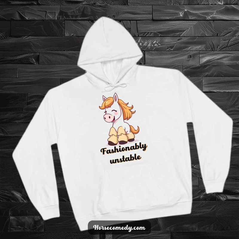 Funny Hoodie depicting a joyful horse character giggling joyfully while sporting ridiculously oversized, floppy boots for ultimate comfort.