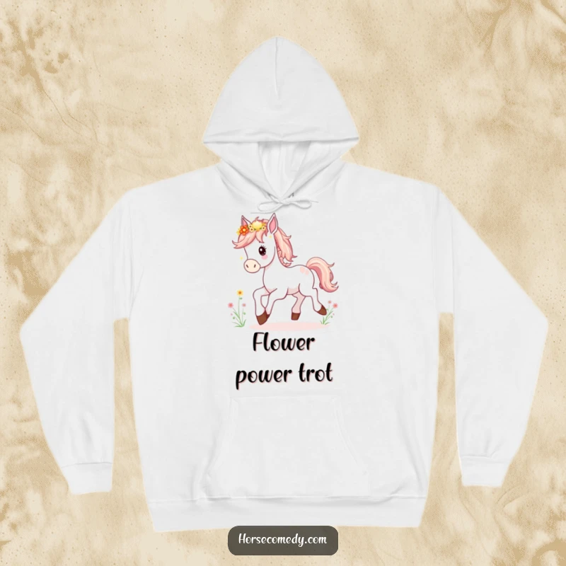 Funny Horse Foal Hoodie depicting a joyous young horse prancing, its flowing mane filled with delicate wildflowers.