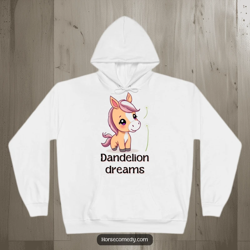 Funny Cute Horse Hoodie depicting a curious horse with attentive ears playfully nudging a delicate floating dandelion.