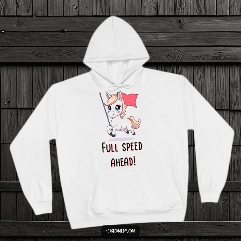 Funny hoodie featuring a horse character with dazzling, sparkling eyes, galloping at full speed holding a prominent flag.