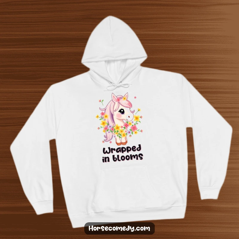 Funny Horse Hoodie: A horse character is playfully entwined with a garland of bright, cheerful flowers, creating a delightful image.