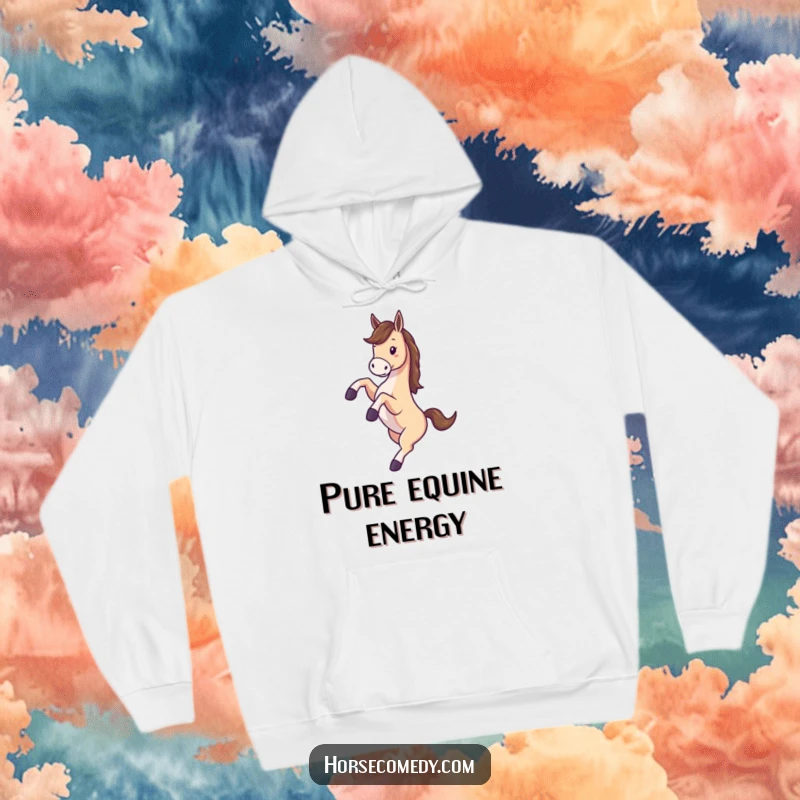 Funny hoodie showcasing a joyful horse kicking its hind legs in the air while energetically spinning around.
