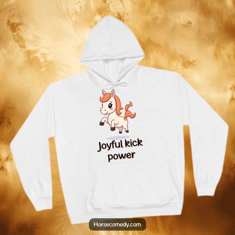 Funny Kawaii Horse Hoodie showing a cute horse neighing happily and kicking its heels with playful enthusiasm.