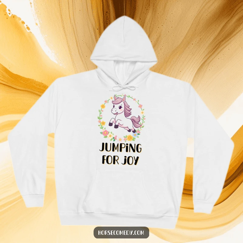 Funny leaping horse flower hoop hoodie, offering warmth and a whimsical escape into a scene of magical equestrian adventure and floral beauty.