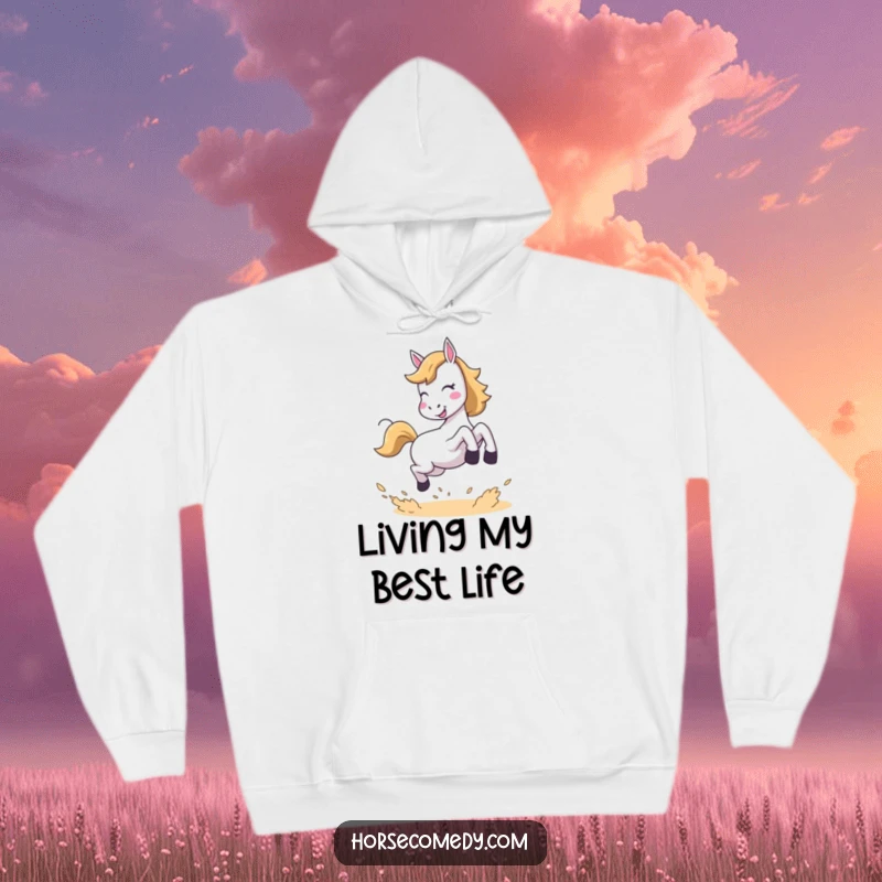 Funny hoodie design with a horse joyfully leaping and kicking up dust, symbolizing happiness and energetic fun.