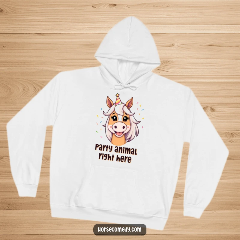 Funny Horse Hoodie with a grinning horse in a party hat and confetti, ideal for cozying up with humor.