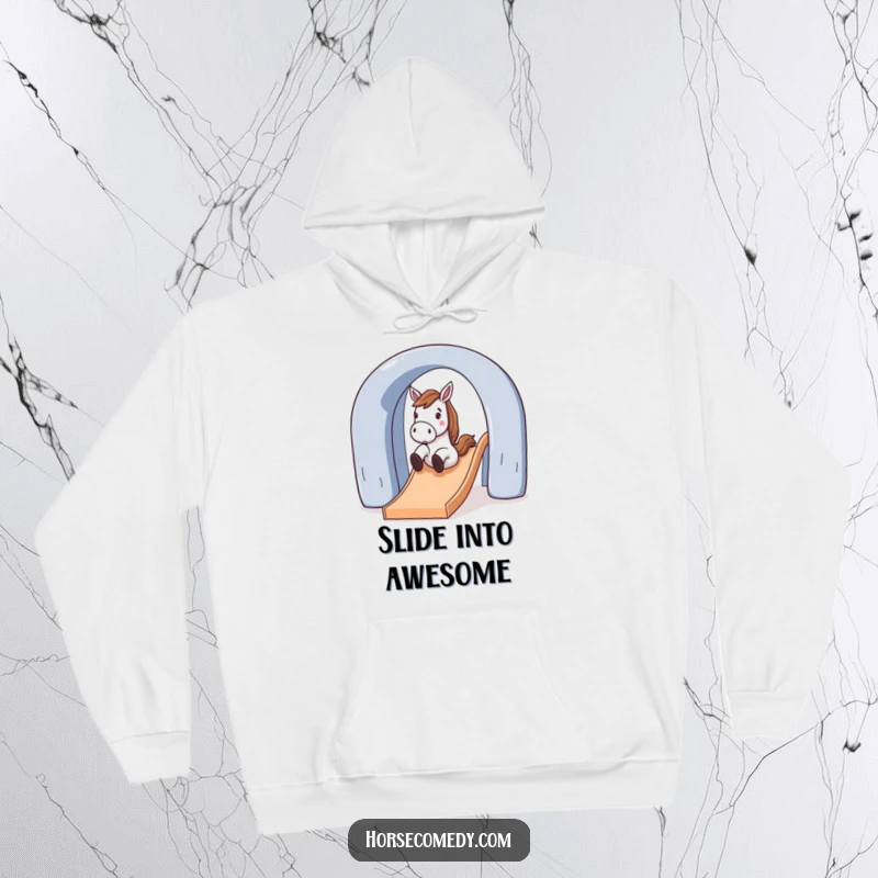 Funny horse character sliding down a large, arched slide on a cozy hoodie, perfect for offering funny comfort.