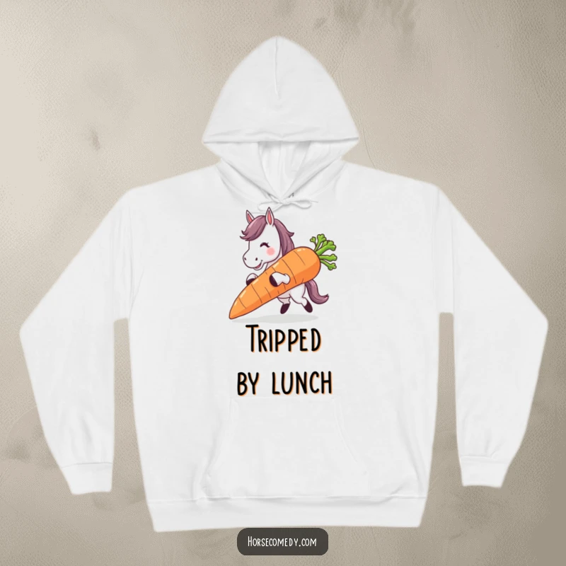 Funny horse character taking a tumble while holding a giant carrot, featured on a cozy, hilarious hoodie.