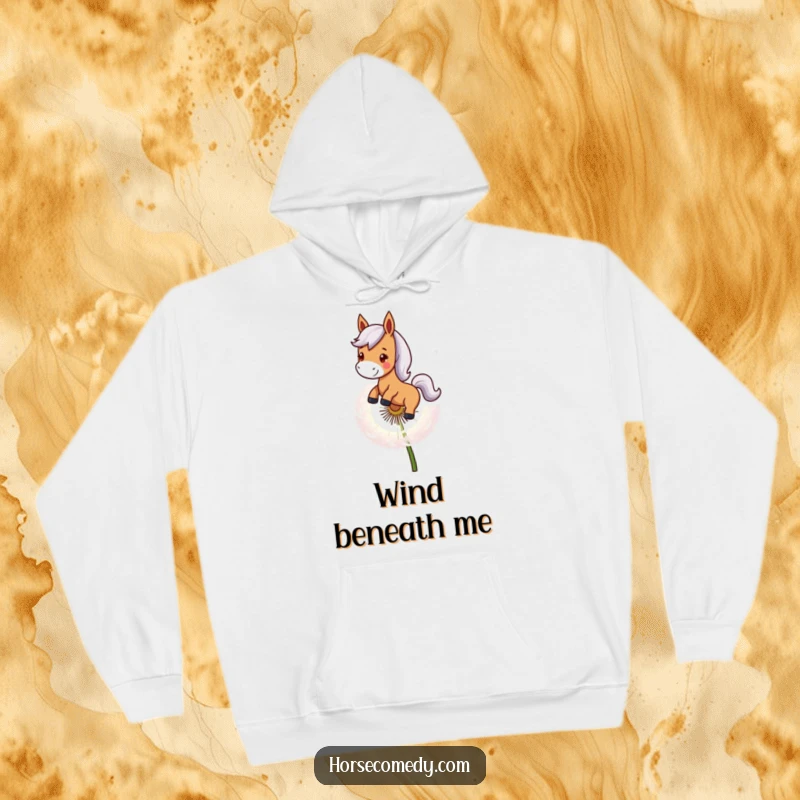 Funny Horse Hoodie: A smiling horse character rides a giant dandelion seed, exuding a sense of joyful adventure and whimsy.