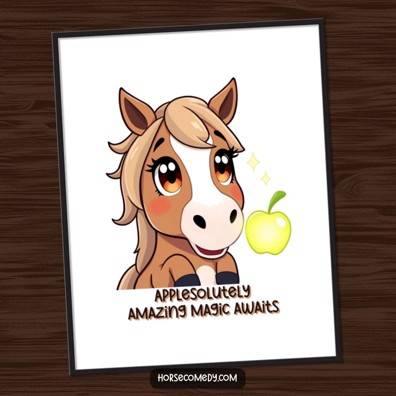 Funny Free Printable Horse Wall Art: Astonished horse stares in wonder at a brilliantly glowing magical apple on your wall.