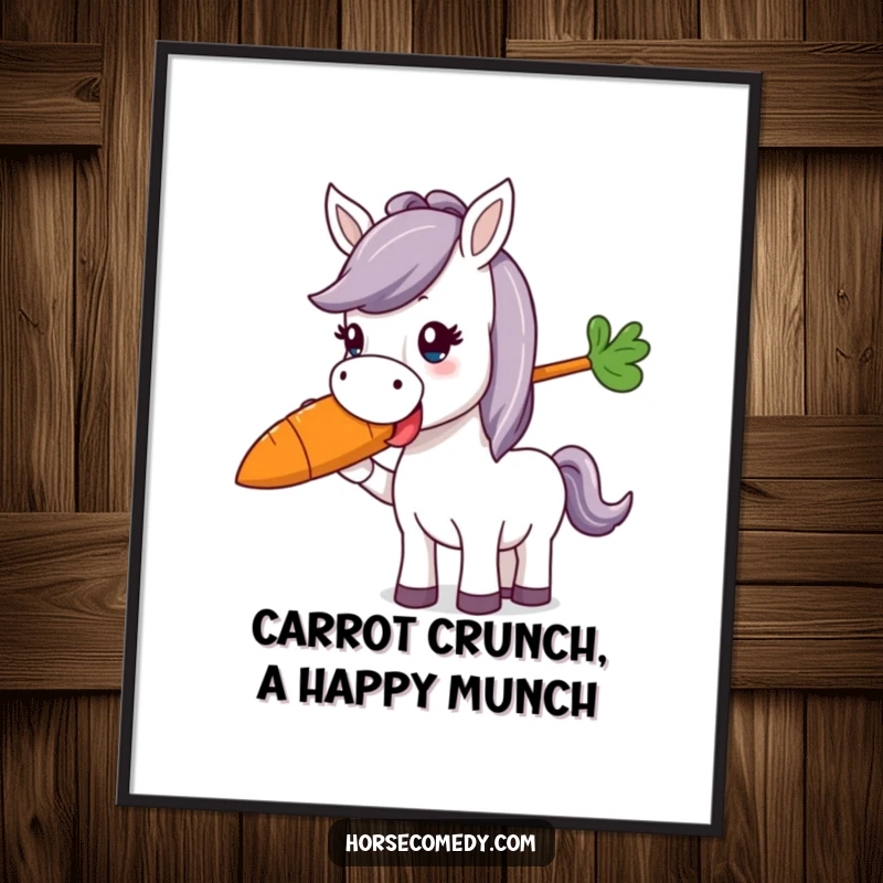 Whimsical Free Printable Wall Art: A happy horse character is delighted by munching a massive, colorful carrot.