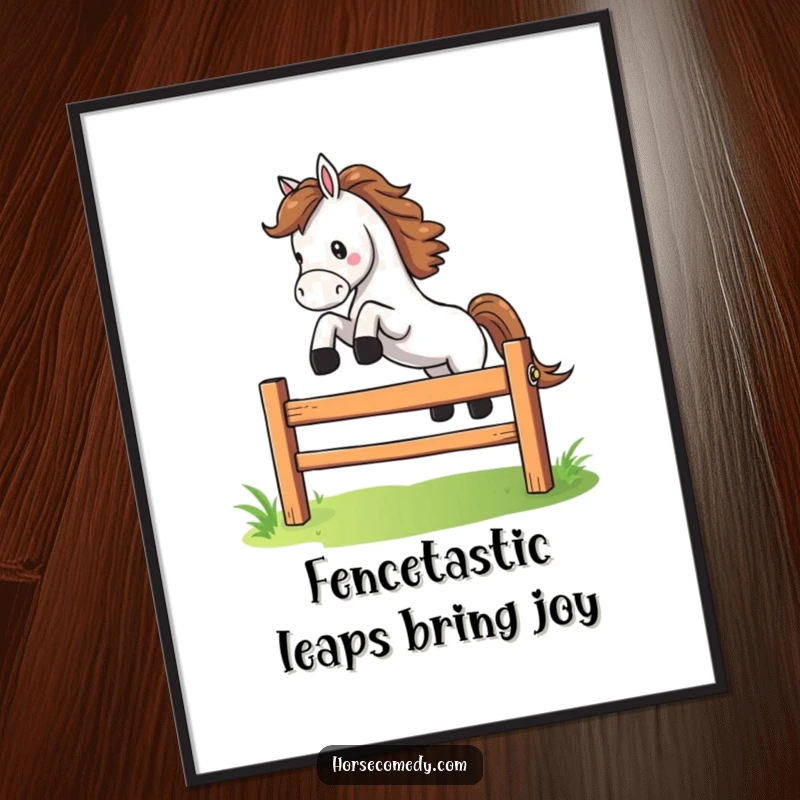 Funny Free Printable Wall Art: Horse character performing a dramatic leap over a small, colorful fence, dynamic and playful art.