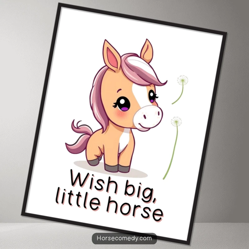 Funny Free Printable Wall Art of a cute horse with perked ears, playfully nudging a floating dandelion against a soft background.