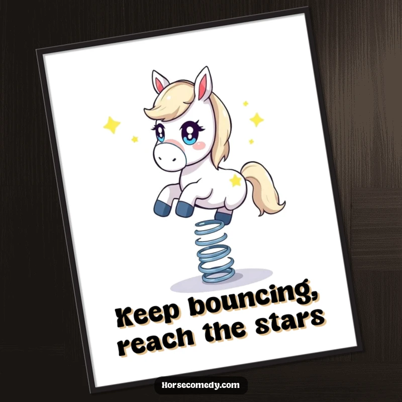 Funny Free Printable Wall Art: A horse with stars in its eyes balances on a bouncy spring.