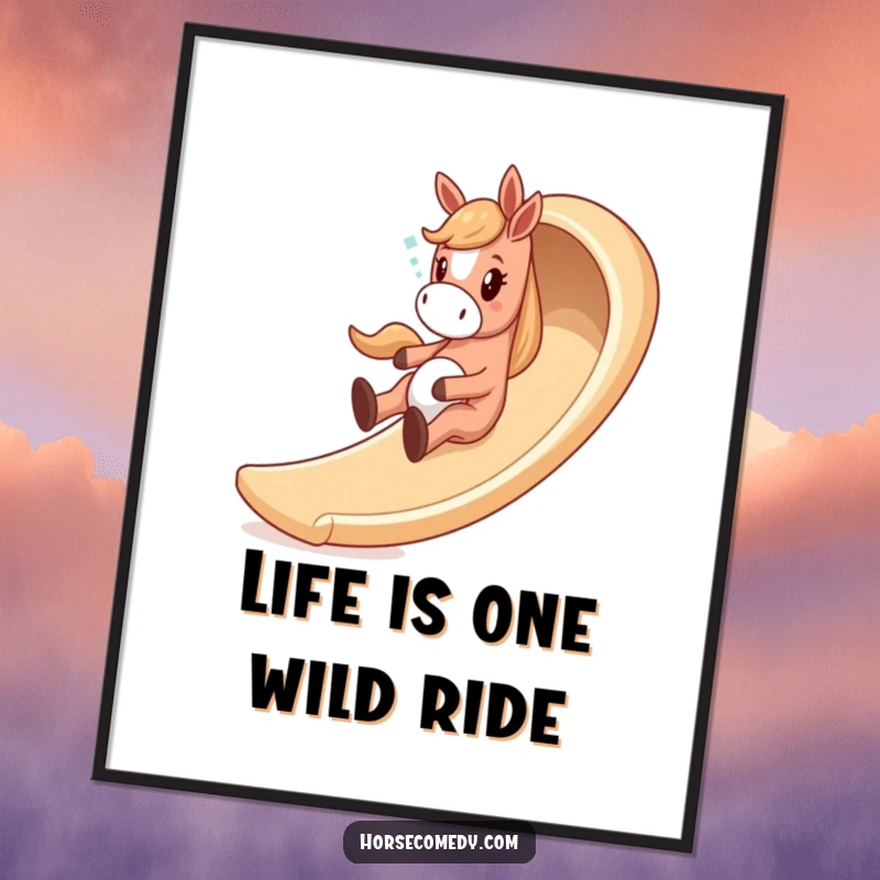 Funny Free Printable Wall Art: Giddy horse sliding down a whimsical, winding slide, playful downloadable decor.