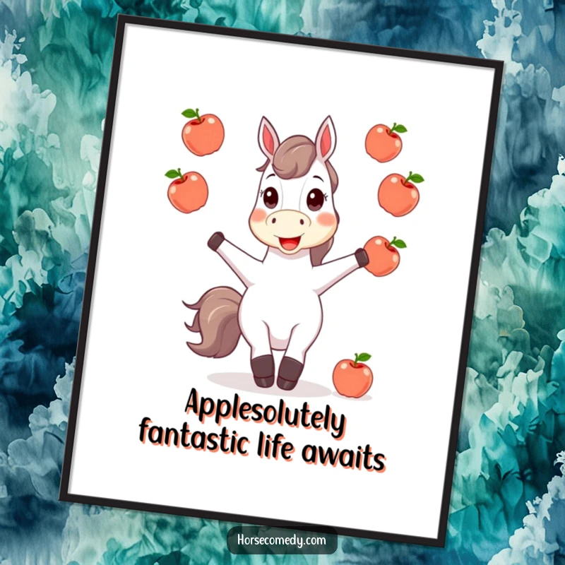 Funny Free Printable Wall Art: A happy horse character skillfully juggling shiny apples, adding whimsical decor to any room.