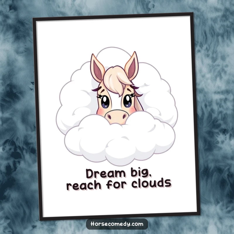 Funny Free Printable Wall Art: A horse character looks out with wide eyes from behind a massive, soft, fluffy cloud in a sky setting.