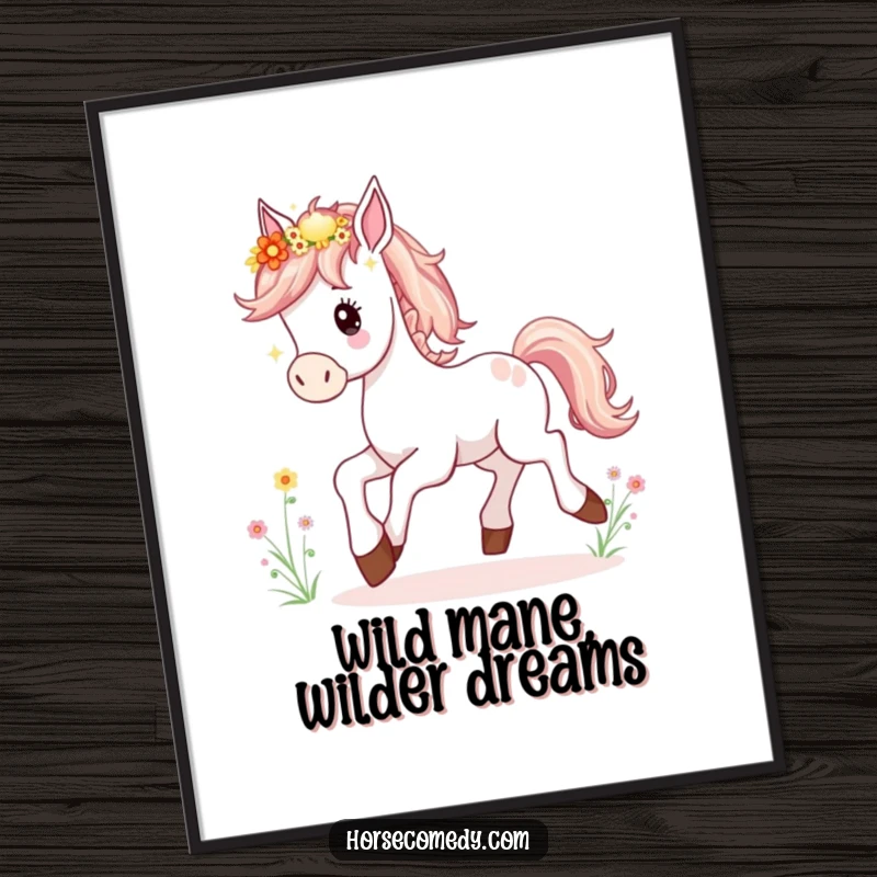 Free Printable Wall Art of a horse foal joyfully prancing, its mane beautifully decorated with blooming wildflowers.