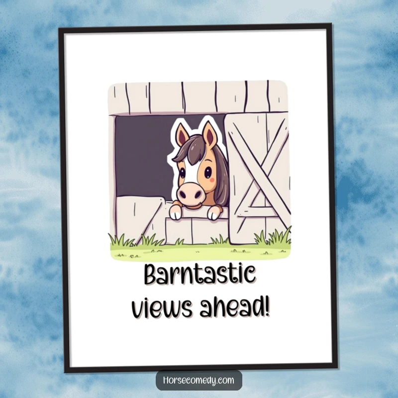 Funny free printable wall art of a curious horse peeking from a giant barn door, adding quirky charm.
