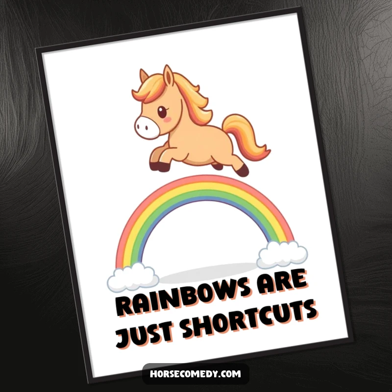 Funny Free Printable Wall Art: A cute horse character leaping with joy over a small, vibrant rainbow.
