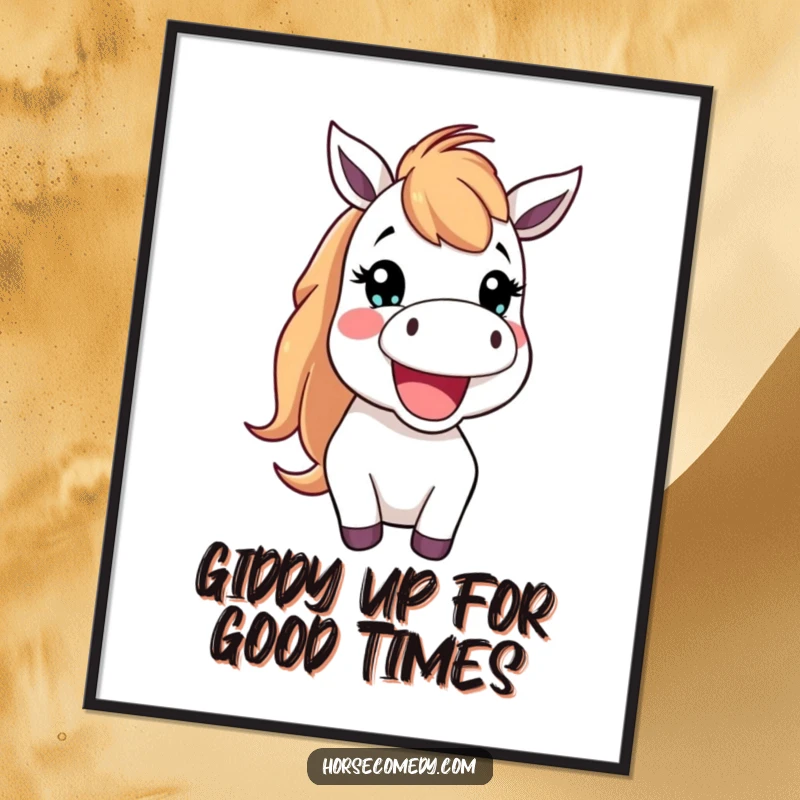 Funny Free Printable Wall Art: A happy horse creature with its mouth open wide, neighing cheerfully and full of life.