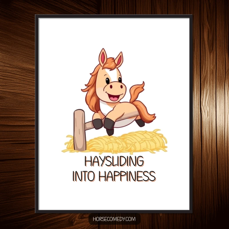 Funny Free Printable Wall Art: A horse with a wide, silly grin gleefully sliding down a banister made of hay, humorous art.