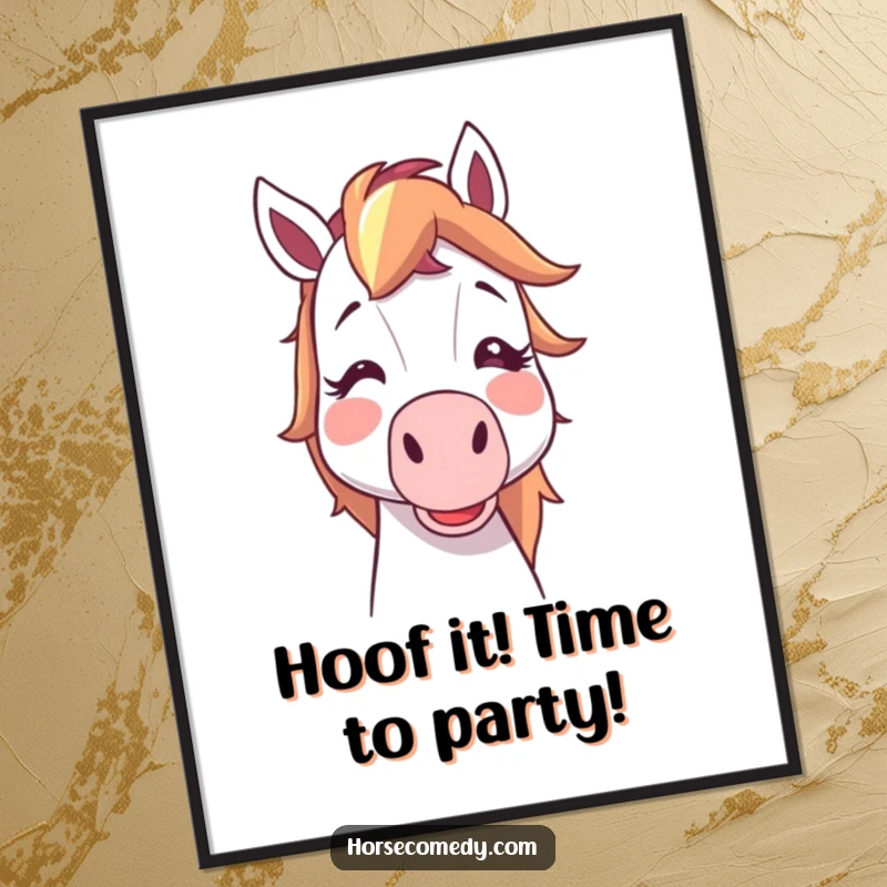 Funny Free Printable Wall Art: A cartoon horse with a big blush prepares to blow a noisemaker, adding playful energy to any room. Get this art!