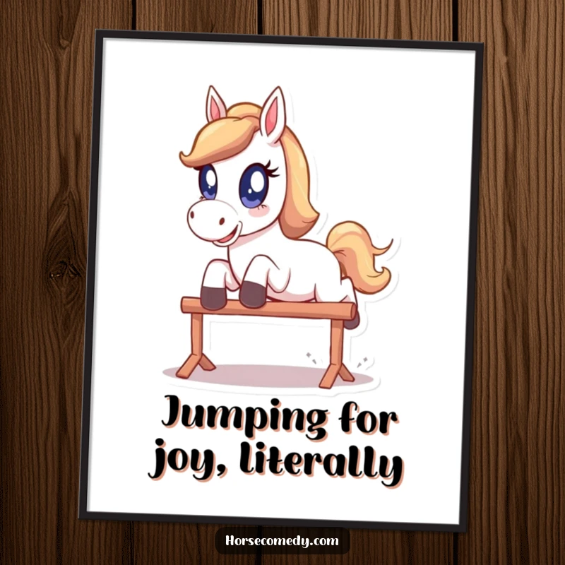 Funny Free Printable Wall Art: Horse with big sparkling eyes, captured mid-leap over a hurdle, exuding pure joy.