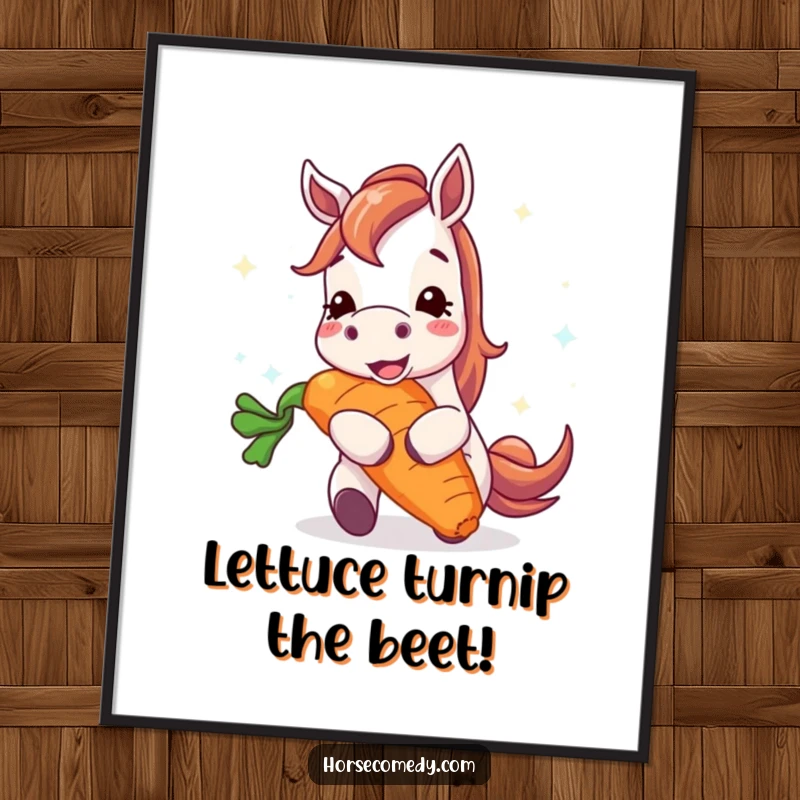 Funny Free Printable Wall Art: Horse gleefully munches on a gigantic, radiant carrot, quirky downloadable decor.