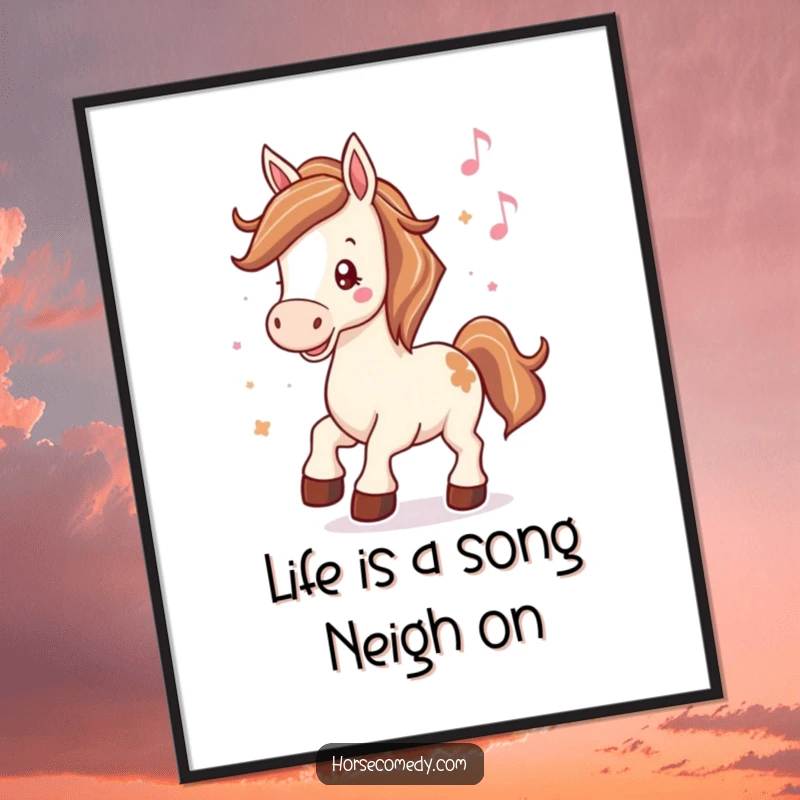 Funny Free Printable Horse Wall Art: A cheerful horse taps its hooves happily to music, bringing rhythmic joy.