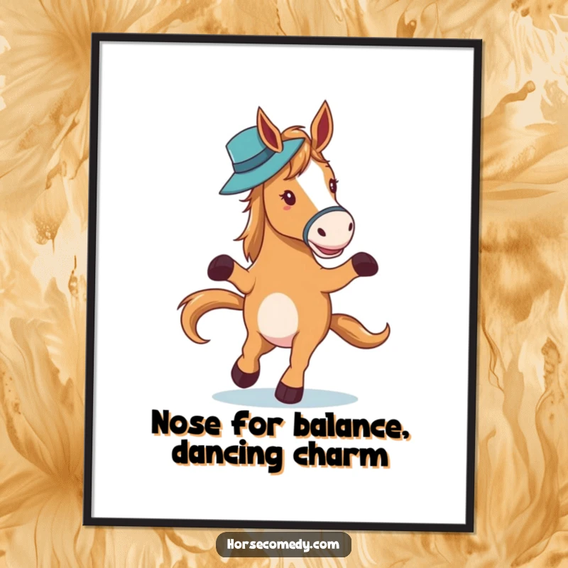 Chic Free Printable Wall Art: A horse character waltzes gracefully, expertly balancing a hat on its nose.
