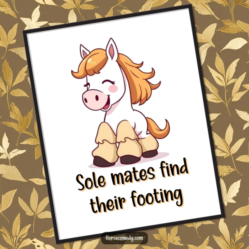 Funny free printable wall art depicting a horse character giggling uncontrollably while wearing ridiculously oversized, floppy boots.